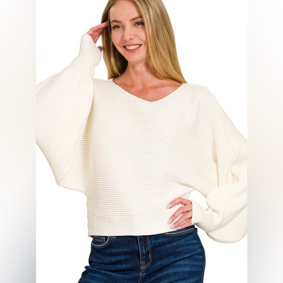 Zenana Ivory Boat Neck Long Balloon Sleeve Knit Sweater - Picture 2 of 2